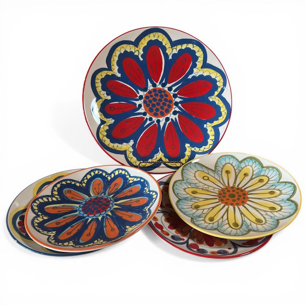 Crate & Barrel Peony Sunflower Platter Plates Set Ceramic Daisy Summer Colorful
